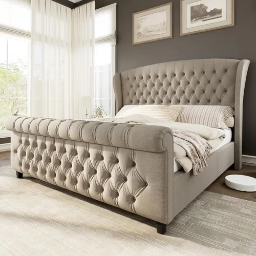 Miniatura 9 de AMERLIFE - Marco de cama tamaño King con plataforma, cama de estilo trineador tapizada en terciopelo con cabecero y pie de cama con alas onduladas
