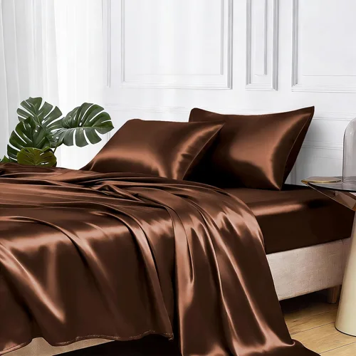 Miniatura 76 de MR&HM Sábanas de satén para cama de tamaño King, juego de 4 piezas de ropa de cama sedosa con bolsillo profundo de 15 pulgadas para colchón