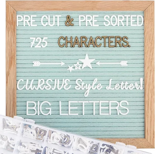 Miniatura 14 de Tablero de letras de fieltro – precortadas y clasificadas, 725 caracteres blancos y dorados, letras cursivas, grandes, cambiables con soporte