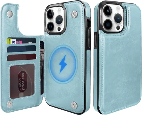 Miniatura 10 de Funda magnética tipo cartera con tapa para iPhone 14Pro Max de 6.7 pulgadas, compatible con MagSafe, soporte de cuero con soporte para tarjetas