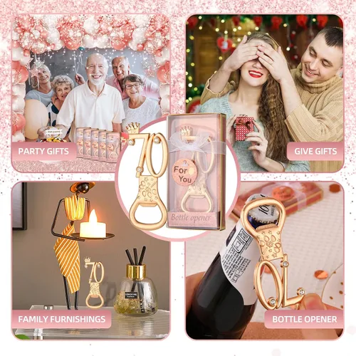 Miniatura 6 de 24 cajas de abrebotellas de cumpleaños número 70 con temática de oro rosa, favorecidas para regalos de fiesta de boda dorada 70, recuerdos de fiesta