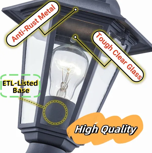 Miniatura 4 de WISBEAM Luz de poste para exteriores, linterna de poste, base E26 de 60 W máximo, carcasa de aluminio más vidrio, clasificación de ubicación húmeda