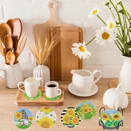 Miniatura 8 de TDOOW 8 Piezas Posavasos de Pintura de Diamante, Posavasos de Arte de Diamante de Girasol para Adultos DIY Posavasos de Arte de Diamante