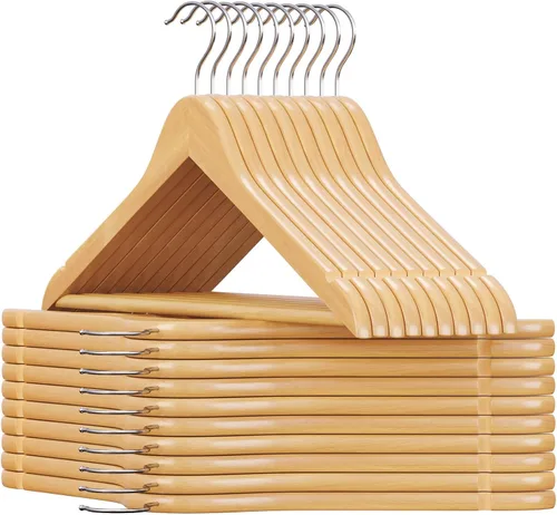 Miniatura 8 de SONGMICS Juego de 20 perchas de madera con revestimiento de goma, perchas antideslizantes con ranuras para los hombros, barra para pantalones
