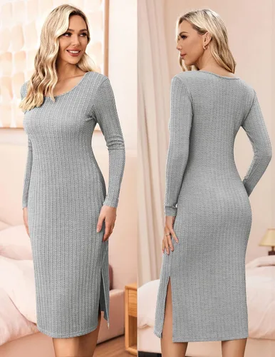 Miniatura 4 de Ekouaer Maternity Dress Rib Knit Long Sleeve Side Slit Bodycon Dresses Pregnancy Baby Shower Clothes S-XXL