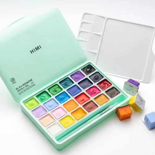 HIMI Juego de pinturas gouache con 3 pinceles, 24 colores, 30 g, diseño de cápsula de gelatina, pintura no tóxica para lienzo y papel, suministros