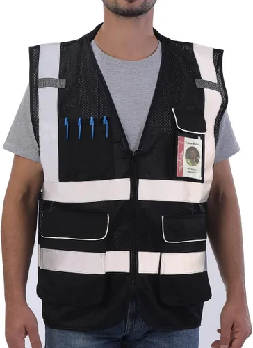 Neopelta Chaleco de seguridad reflectante de malla negra, chaleco de alta visibilidad con bolsillos y cremallera, cuello acolchado, color negro, S