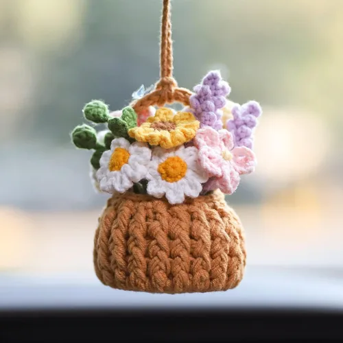 Miniatura 7 de Lindos accesorios para plantas de automóvil, accesorios de suspensión para espejo retrovisor tejido a mano con orquídeas en maceta de ganchillo B