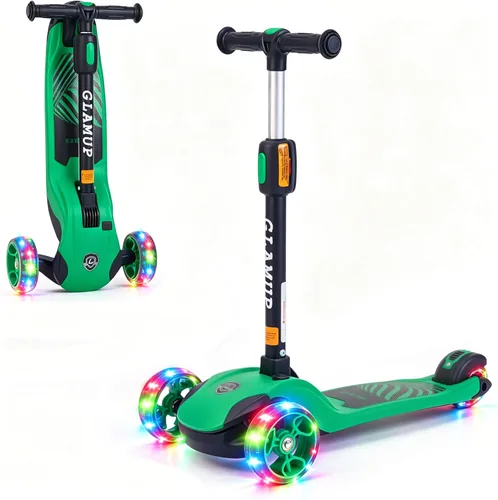 Miniatura 15 de GLAMUP Patinete para niños de 3 ruedas, manillar ajustable en altura para niños, sistema de inclinación para dirección y mecanismo de fácil plegado