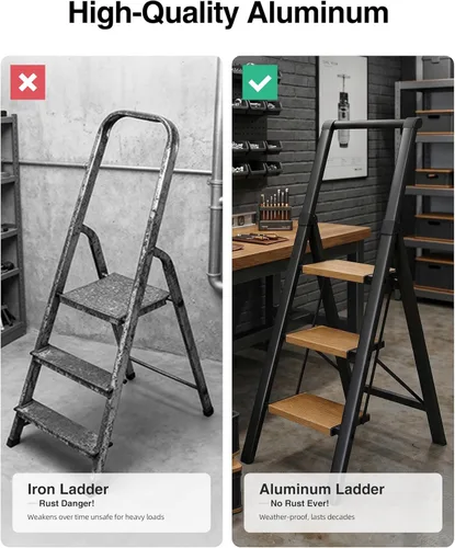 Miniatura 4 de Escalera de 3 escalones, taburete plegable con pedal ancho de aluminio y cómodo agarre, escalera de acero de capacidad de 330 libras para el hogar