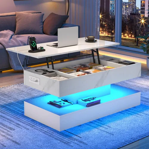Miniatura 11 de chartustriable Mesa de Centro Grande de 39.4" con Tapa Elevable y Estación de Carga, Mesa Central LED Moderna de Alto Brillo con Compartimento
