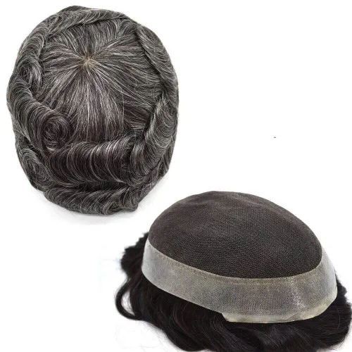 Miniatura 39 de LYRICAL HAIR Sistema de cabello humano Remy de encaje francés súper fino para hombre, piel de poliéster transparente alrededor de las pelucas, tupé