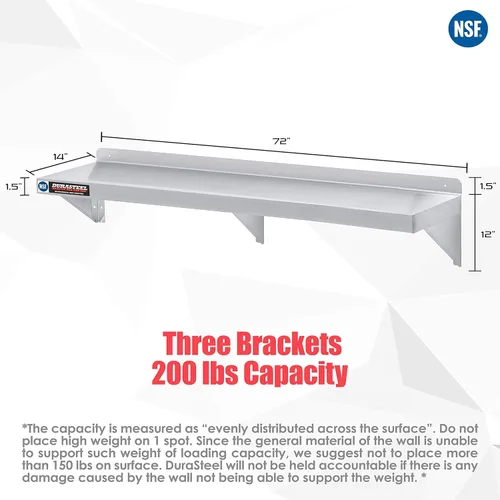 Miniatura 3 de DuraSteel Estante de Acero Inoxidable - 72 Pulgadas de Ancho x 14 Pulgadas de Profundidad Estante de Pared de Metal Comercial NSF Montado
