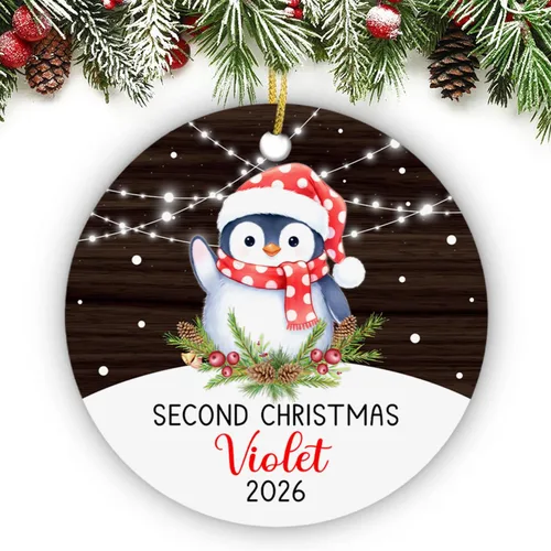 Adorno personalizado de segunda Navidad de pingüino bebé 2026, regalo de decoración de pingüino bebé para bebés recién nacidos, nombre personalizado