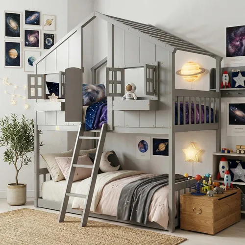 Miniatura 10 de VECELO Full Over Full House Bunk Bed with Safety Rail, Ladder, Windows & Doors, Solid Wood Playhouse Bunk Bed, No Box Spring Needed, White