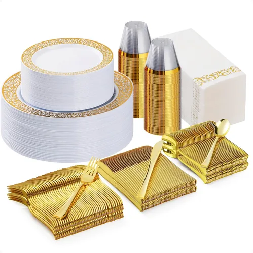 Miniatura 8 de Bestluck Juego de vajilla de plástico dorado de 700 piezas para 100 invitados, platos desechables para fiesta, incluye 100 platos de cena dorados
