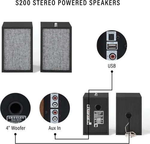 Miniatura 3 de Crosley S200A-BK 4" Altavoces estéreo activos con alimentación Bluetooth, conexiones ópticas, USB y Aux, negro