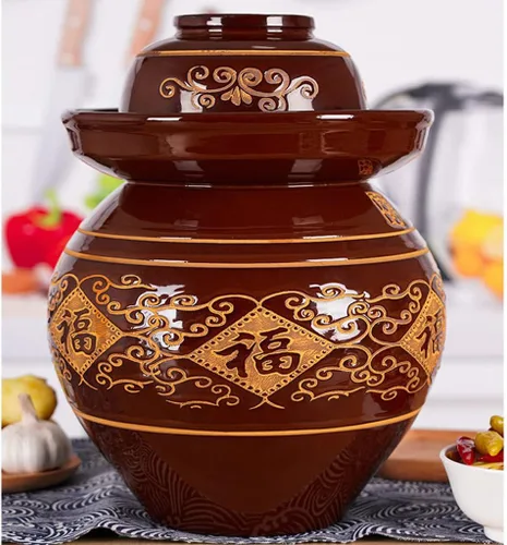 Miniatura 5 de Tarro de encurtido de porcelana china tradicional grande, olla de fermentación de cerámica natural, tarro de fermentación con sello de agua tapa