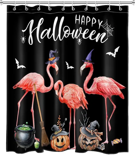 Miniatura 2 de LB Cortina de ducha de feliz Halloween para baño, flamenco rosa y calabaza naranja con sombrero mágico, cortina de ducha de tela con ganchos, juego