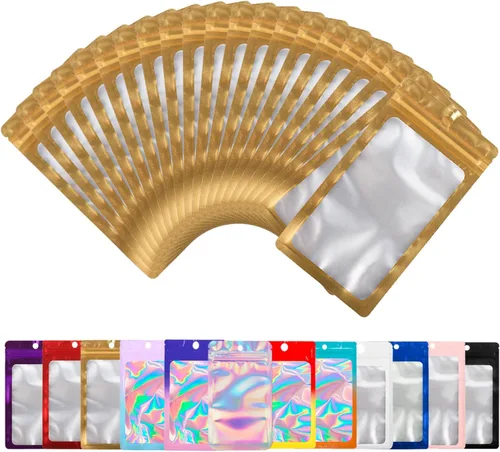 Paquete de 100 bolsas de Mylar con ventana transparente, bolsas de almacenamiento de alimentos, a prueba de olores, embalaje de mano resistente a