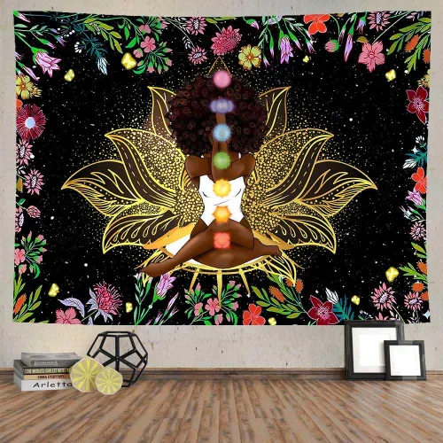 Miniatura 11 de Ine Ive Tapiz de chakra africano, mujer afroamericana, tapices de meditación zen, 40 x 30 pulgadas, cielo estrellado, flores, jardín, inspirador