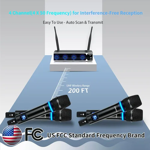 Miniatura 7 de Sistema de Micrófono Inalámbrico Recargable ZERFUN Pro de 4 Canales, Micrófonos Inalámbricos de Mano UHF de Metal con Control de Volumen, 4x50