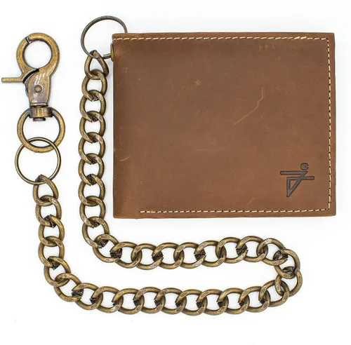 Miniatura 2 de Cartera de cuero genuino para hombre, con bloqueo RFID, plegable, elegante, billetera plegable con cadena de acero inoxidable, billetera abatible