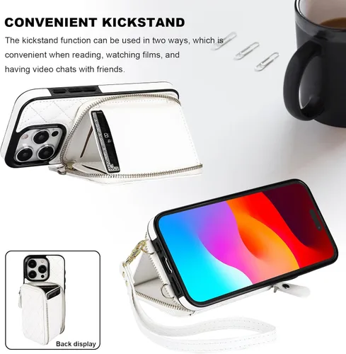 Miniatura 6 de Bocasal Funda tipo cartera cruzada para iPhone 15 Pro, Bolso Cartera con Cremallera de Cuero PU con Bloqueo RFID, Funda Tipo Libro con Tapa Blanco