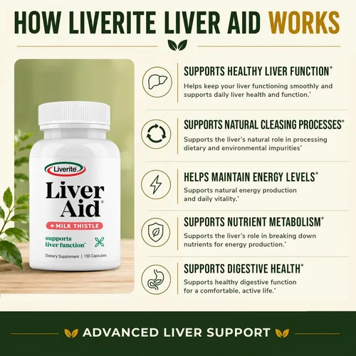 Miniatura 4 de LIVERITE Liver Aid - Paquete de 2 150 cápsulas (total de 300 unidades) Suplemento de apoyo hepático con aminoácidos, colina, cardo mariano