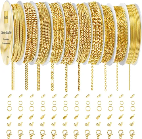 Miniatura 9 de Cadenas de collar para fabricación de joyas, 78.7 pies, 10 rollos de cadenas de joyería de acero inoxidable para hacer collares, pulseras, joyería