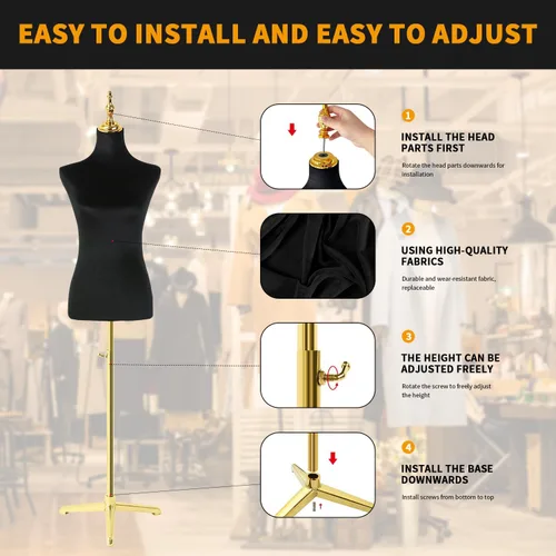 Miniatura 10 de Modista maniquí femenino: torso de medio cuerpo con altura ajustable, terciopelo corto negro esponjoso, base de metal dorado
