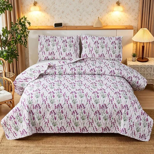 Miniatura 17 de Juego de cama de verano ligero y delgado con diseño floral de tamaño Queen/Full, conjunto de colcha y cubrecama botánico con flores lila