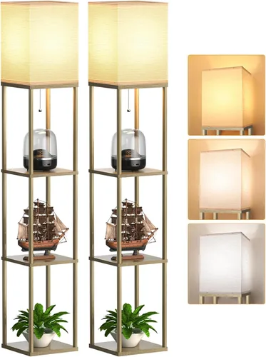 Miniatura 10 de Lámpara de pie con estantes para sala de estar, paquete de 2, lámpara de pie con 3 bombillas LED CCT, lámpara de columna de pie, organizador