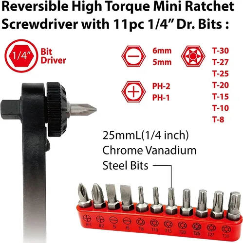 Miniatura 5 de BIG RED BHT-17HTRS01R Torin Mini Juego de destornilladores de trinquete de 36 dientes, reversible súper alto par de torsión de 1/4 de pulgada