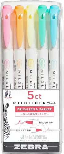 Zebra Pen, Mildliner 79105 - Bolígrafos de doble punta, 5 colores surtidos, punta fina y suave, tinta suave que no se traspasa a través de la tinta,