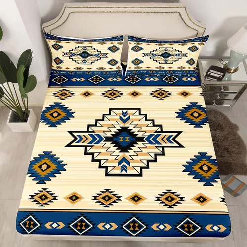 Homewish Western Fitted Sheets Twin Size (No Flat),Retro Country Tribal Bedding Set 2Pcs,Kids Girls Boys Room Decor,Southwest Aztec Stripes Bed