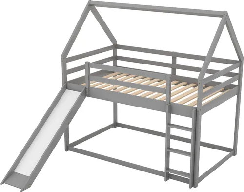 Miniatura 8 de Harper & Bright Designs - Litera de casa individual sobre cama individual con tobogán para niños y niñas, litera de piso de madera con techo y Gris