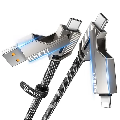 Miniatura 9 de Cable USB C ultra corto 4 en 1 de 0.6 pies compatible con cable Lightning [carga rápida y transferencia de datos] cable de carga plano trenzado