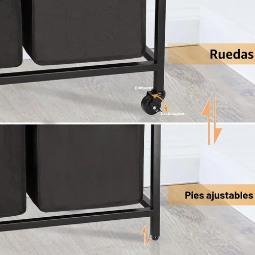 Miniatura 6 de Timberer Cesta de lavandería, clasificador de ropa de 3 secciones, cesta de lavandería rodante con ruedas, 2 estantes, 3 × 54.5 L, bolsas extraíbles