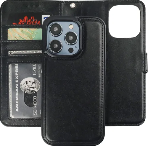 Bocasal Funda tipo cartera desmontable para iPhone 14 Pro con bloqueo RFID, ranuras para tarjetas, soporte magnético de piel sintética de alta Negro
