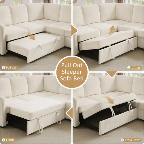 Miniatura 5 de Sofá Seccional Cama de 111 pulgadas con Cama Extraíble, Sofá Modular de 6 Asientos en Forma de U con Chaise de Almacenamiento, Sofá Seccional