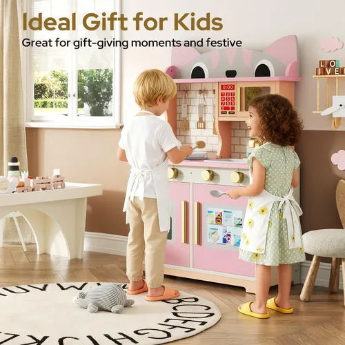 Miniatura 6 de knoworld Cocina de madera de juguete para niños de 3 a 8 años, juego de cocina con diseño de gato con microondas, estufa, fregadero, perillas