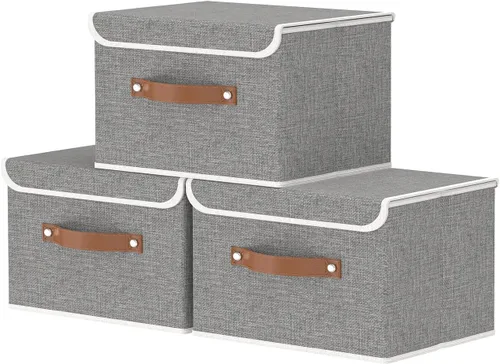 Miniatura 25 de OUTBROS Caja de almacenamiento plegable grande con tapa, organizador de armario de tela de lino, contenedores para toallas, ropa, 15 x 9.8 x 9.8