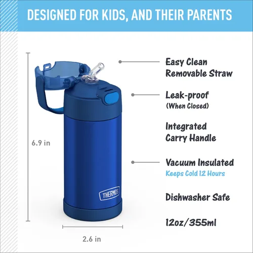 Miniatura 2 de THERMOS FUNTAINER - Botella de acero inoxidable con aislamiento al vacío y sorbete, capacidad de 12 onzas, para niños, azul Azul marino