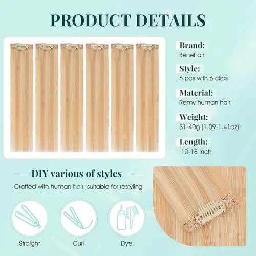 Miniatura 2 de Benehair 6 extensiones de cabello corto con clip, 100% cabello humano real, sin costuras e invisibles, para mujeres, con volumen instantáneo