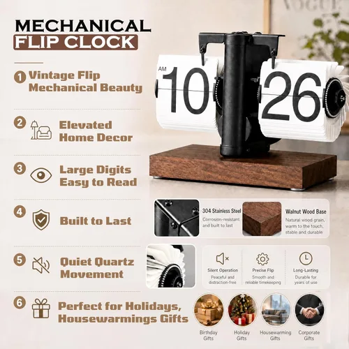 Miniatura 2 de FOSA Reloj de escritorio abatible, reloj mecánico retro vintage con números grandes, reloj de mesa silencioso con base de madera para el hogar