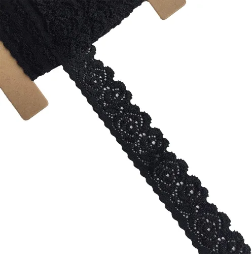 Lace Realm - Cinta de encaje con patrón floral elástico negro de 1 pulgada de ancho para costura, envoltura de paquetes de regalo, diseño floral y