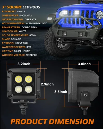 Miniatura 2 de Cubitos LED, 3 pulgadas, 80 W, CREE LED Pods 3x3, combo de inundación puntual para todoterreno, luces de conducción antiniebla para camión