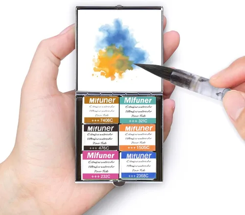 Miniatura 26 de Mini Juego de Caja de Lata de Viaje de Pintura de Acuarela de Artista Portátil Hecha a Mano con 6 Medias Bandejas Sólidas con Purpurina Nacarada