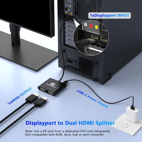 Miniatura 2 de DisplayPort to Dual HDMI Splitter 4K@60Hz, USB-C Powered, DisplayPort 1.4 MST Hub DP to HDMI 1 in 2 Out Splitter for Dual Monitors Extended/Clone